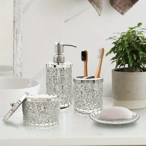 4pcs four-piece 4-Piece Silver Glass Bathroom Accessory Set: Soap Dispenser, Tray, Jar, Toothbrush Holder for Christmas & Halloween Decor