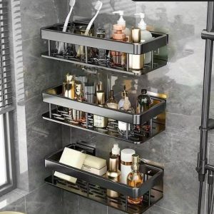 1/2/3pcs Stainless Steel Bathroom Shelves, No-Drill Wall-Mounted Storage Rack, Luxury Organiser For Restroom Vanity, Waterproof And Rust-Proof Shelf For Washroom Accessories