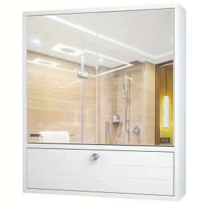 Lifezeal Bathroom Cabinet Wall Mount W/Double Mirror Door Storage Wood Shelf White