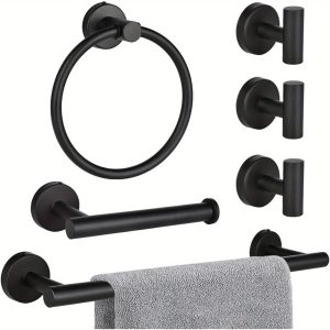 Bathroom Hardware Set 6 Pieces, Stainless Steel Bathroom Accessories Set includes 16" Towel Bar, 6.5" Black Bathroom Toilet Paper Holder, 6.5" Black Towel Rings and 3 Black Towel Hooks