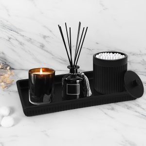 5pcs black resin stripe sanitary suit, lotion bottle cotton swab bottle mouthwash cup toothbrush holder tray