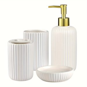 White Bathroom Accessories Set, Ceramic 4pcs Including Soap Dispenser, Toothbrush Holder, Cup and Soap Bar Dish with Engraving Strips Exterior