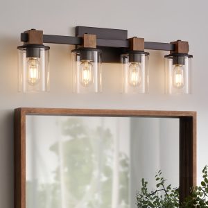 Rustic Farmhouse 4-Light Wood Vanity Mirror Light with Clear Glass Shade for Bathroom